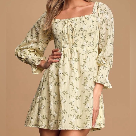 Lulu's “Doting Over You” Light Yellow Floral Print Smocked Mini Dress - Picture 1 of 7